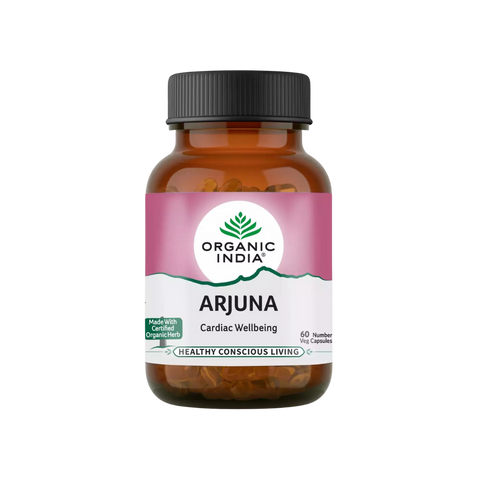 Bottle of Organic India Arjuna capsules on a white background