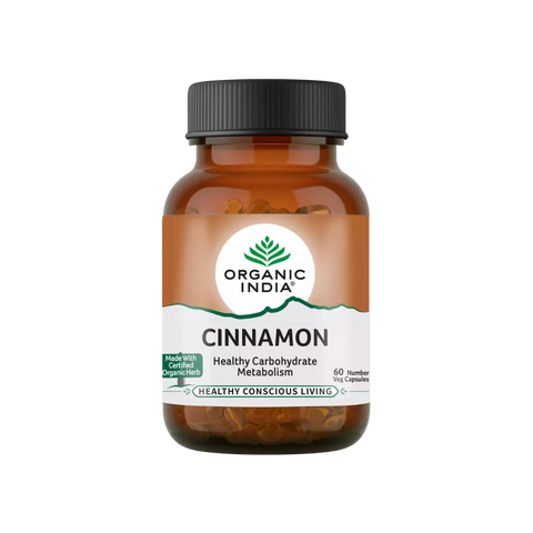 Bottle of Organic India Cinnamon supplement on a white background