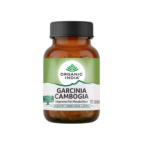 Bottle of Organic India Garcinia Cambogia on a white background