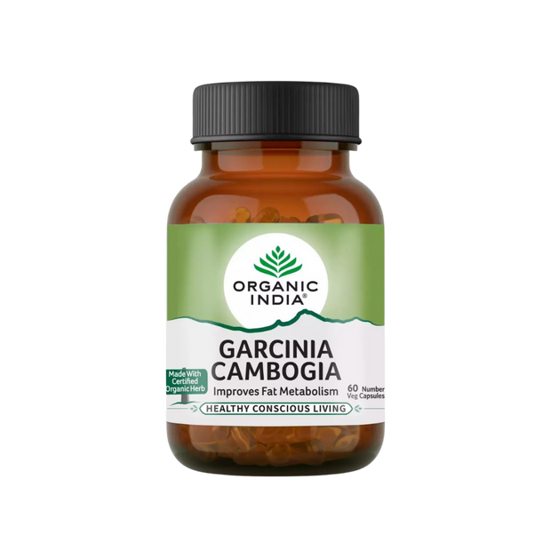 Bottle of Organic India Garcinia Cambogia on a white background