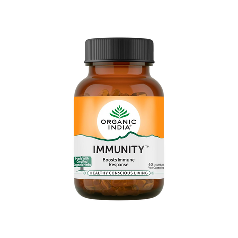 Bottle of Organic India Immunity supplement on a white background