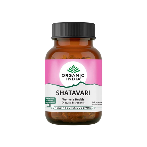 Bottle of Organic India Shatavari supplement on a white background
