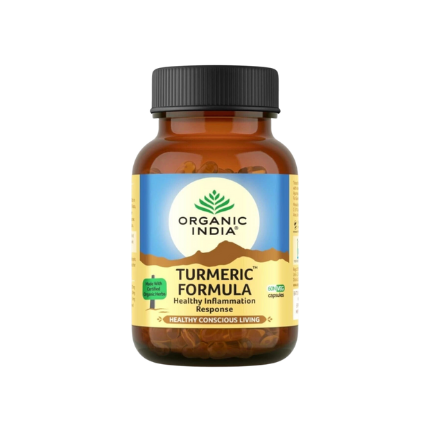 Bottle of Organic India Turmeric Formula on a white background
