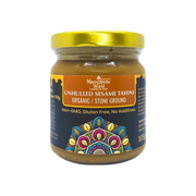 Jar of Maaveed Unhulled Sesame Tahini with decorative label on a white background