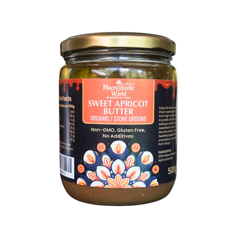 Jar of Sweet Apricot Butter with a colorful label on a white background