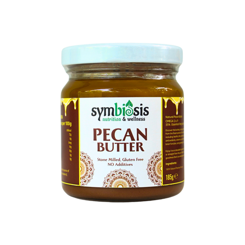 Jar of Symbiosis Pecan Butter on a white background