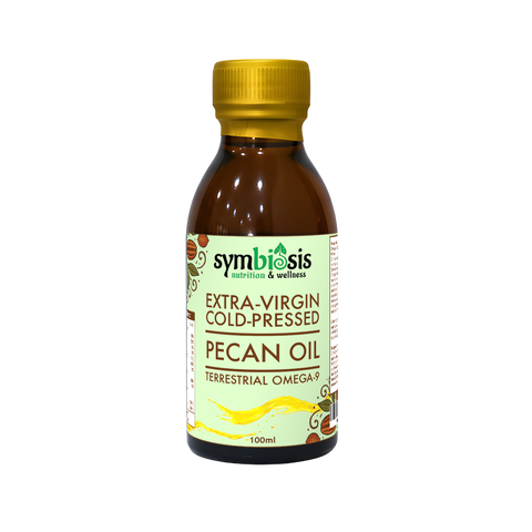 Bottle of Symbiosis Extra-Virgin Cold-Pressed Pecan Oil on a white background