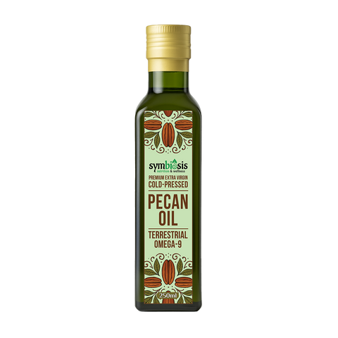 Bottle of Symbiosis Pecan Oil on a white background