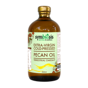 Bottle of Symbiosis Extra-Virgin Cold-Pressed Pecan Oil on a white background