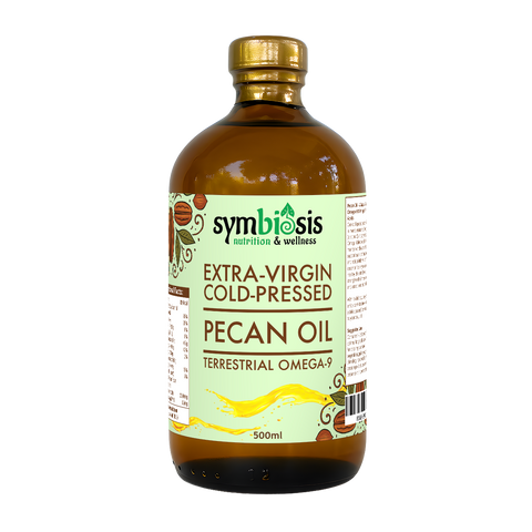 Bottle of Symbiosis Extra-Virgin Cold-Pressed Pecan Oil on a white background