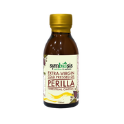 Bottle of Symbiosis Perilla Extra-Virgin Cold Pressed Oil on a white background