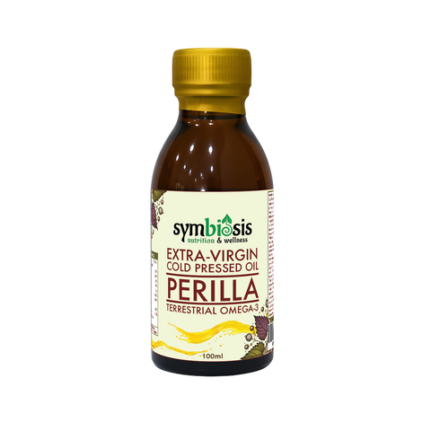Bottle of Symbiosis Perilla Extra-Virgin Cold Pressed Oil on a white background