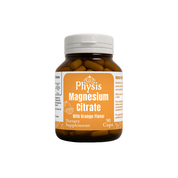 Supplement bottle labeled 'Physis Magnesium Citrate' on a white background