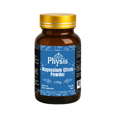 Bottle of Physis Magnesium Citrate Powder with a gold cap on a white background