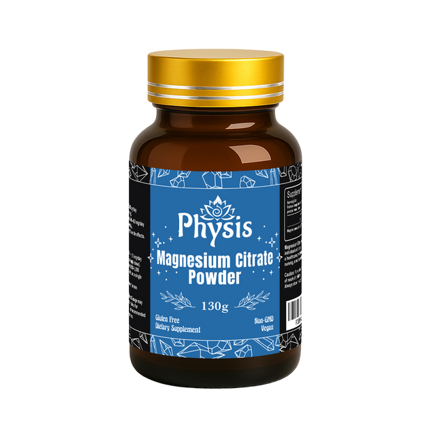 Bottle of Physis Magnesium Citrate Powder with a gold cap on a white background