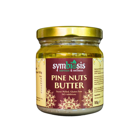 Jar of Symbiosis Pine Nuts Butter on a white background