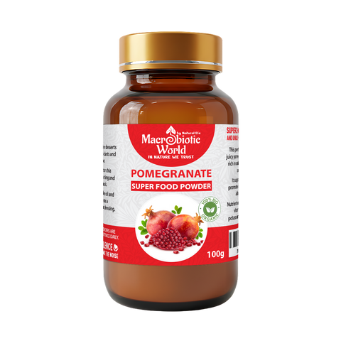Bottle of Macrobiotic World Pomegranate Super Food Powder on a white background
