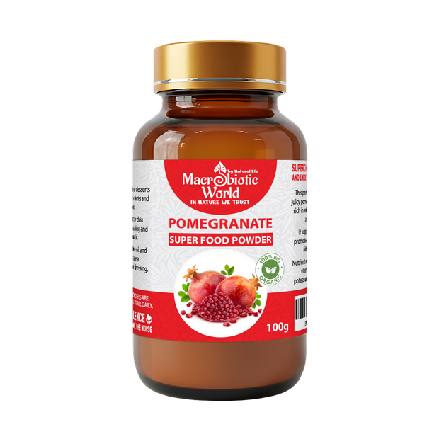 Bottle of Macrobiotic World Pomegranate Super Food Powder on a white background