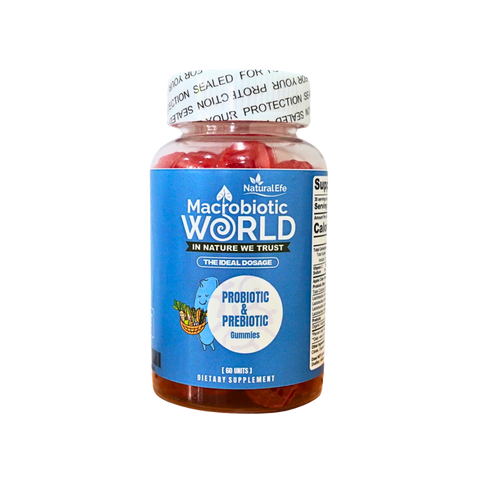 Bottle of Macrobiotic World dietary supplement gummies on a white background