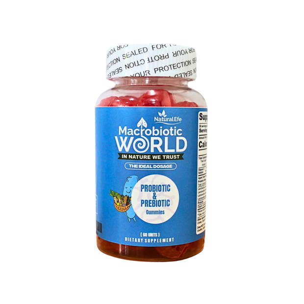Bottle of Macrobiotic World dietary supplement gummies on a white background