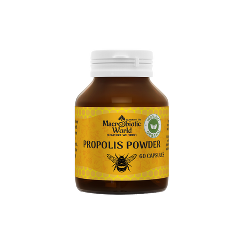 Bottle of propolis powder with a yellow label on a white background