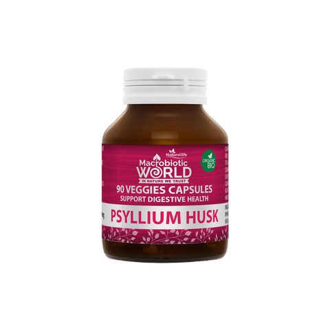 Bottle of Macrobiotic World Psyllium Husk capsules on a white background