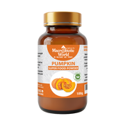 Bottle of Macrobiotic World Pumpkin Super Food Powder on a white background