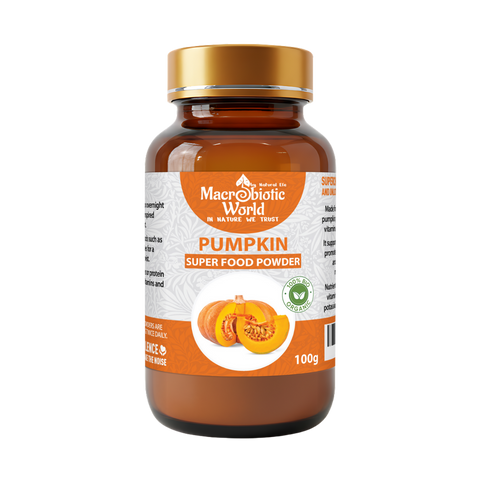 Bottle of Macrobiotic World Pumpkin Super Food Powder on a white background