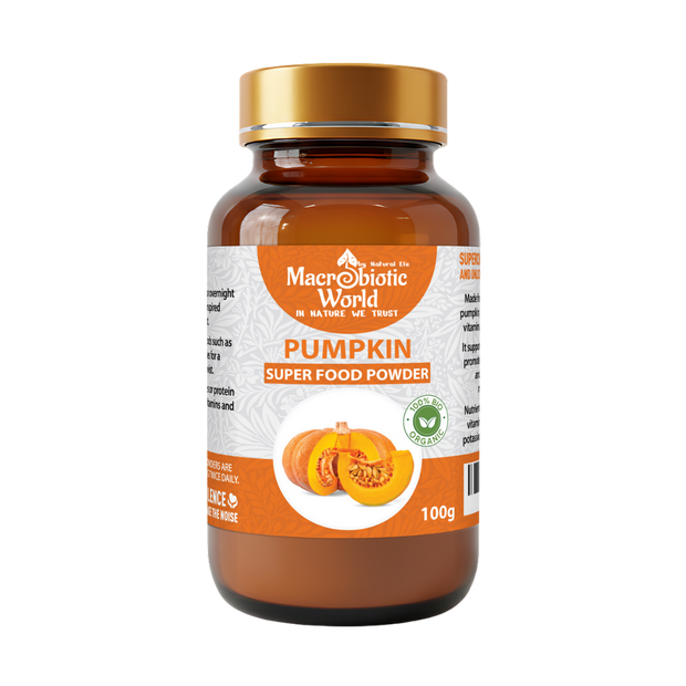 Bottle of Macrobiotic World Pumpkin Super Food Powder on a white background
