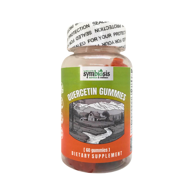 Bottle of Symbiosis Quercetin Gummies on a white background