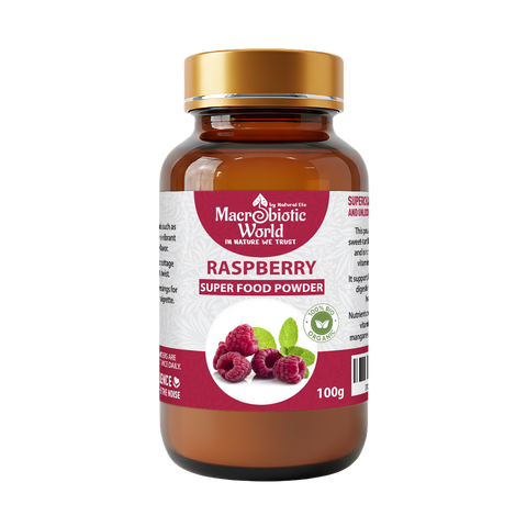 Bottle of Macrobiotic World Raspberry Super Food Powder on a white background