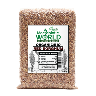 Bag of organic red sorghum with a label on a white background