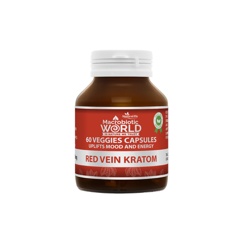 Bottle of Red Vein Kratom with a red label on a white background
