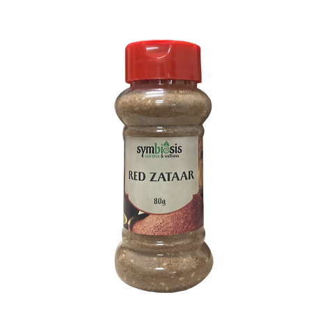 Bottle of Red Zataar spice with a red lid on a white background