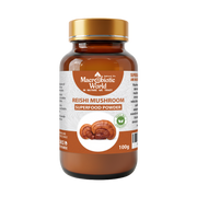 Bottle of Reishi Mushroom Superfood Powder with MaeroBioatic World label on a white background