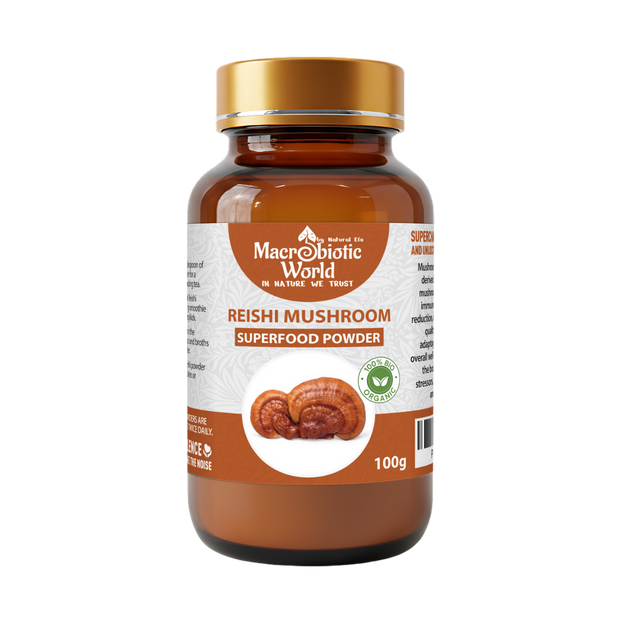 Bottle of Reishi Mushroom Superfood Powder with MaeroBioatic World label on a white background