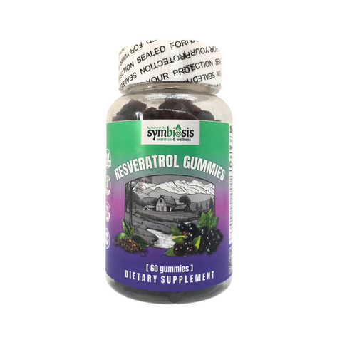Supplement bottle labeled 'Symbiosis Resveratrol Gummies' on a white background
