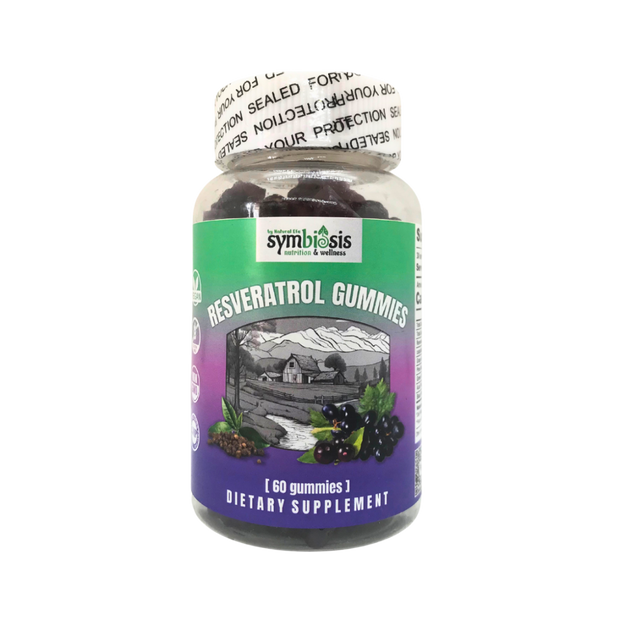 Supplement bottle labeled 'Symbiosis Resveratrol Gummies' on a white background