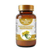 Bottle of Macrobiotic World Rhodiola Rosea superfood powder on a white background