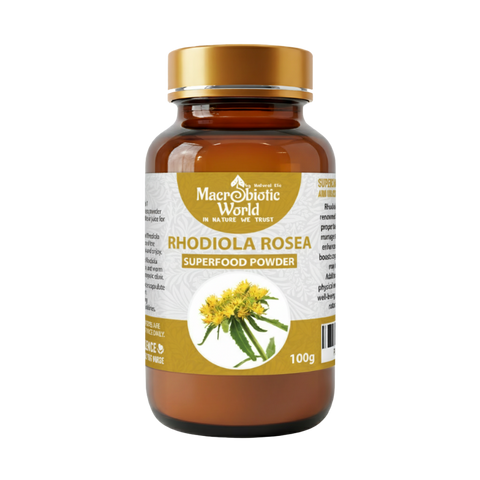 Bottle of Macrobiotic World Rhodiola Rosea superfood powder on a white background