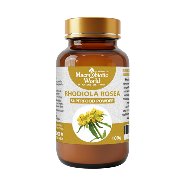 Bottle of Macrobiotic World Rhodiola Rosea superfood powder on a white background