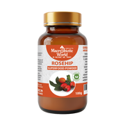 Bottle of Macrobiotic World Rosehip Superfood Powder on a white background