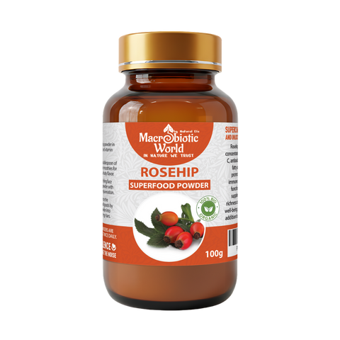 Bottle of Macrobiotic World Rosehip Superfood Powder on a white background