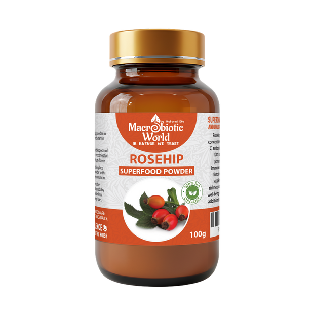 Bottle of Macrobiotic World Rosehip Superfood Powder on a white background