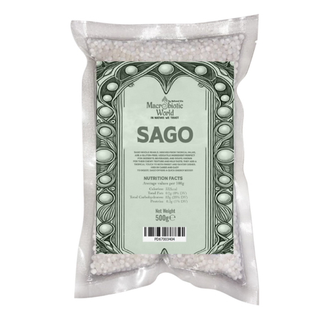 Bag of sago with a green label on a white background