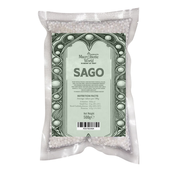 Bag of sago with a green label on a white background