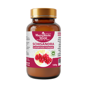 Bottle of Macrobiotic World Schisandra Superfood Powder on a white background