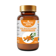 Bottle of Macrobiotic World Sea Buckthorn superfood powder on a white background
