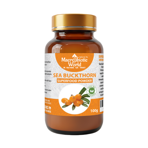 Bottle of Macrobiotic World Sea Buckthorn superfood powder on a white background