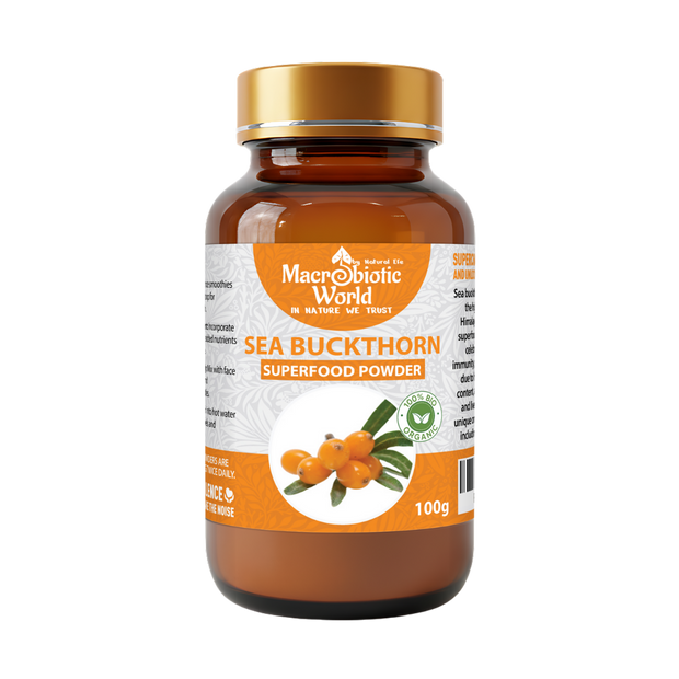 Bottle of Macrobiotic World Sea Buckthorn superfood powder on a white background